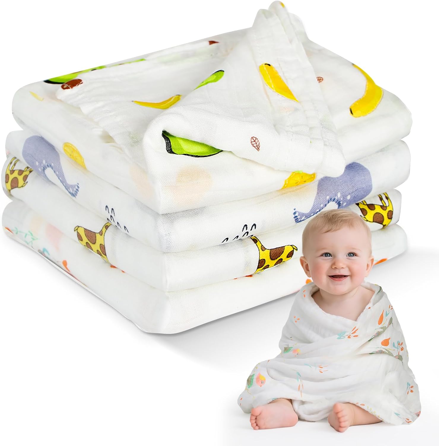 Cotton Muslin Swaddle Blankets for Newborn - 4 Pack Soft
