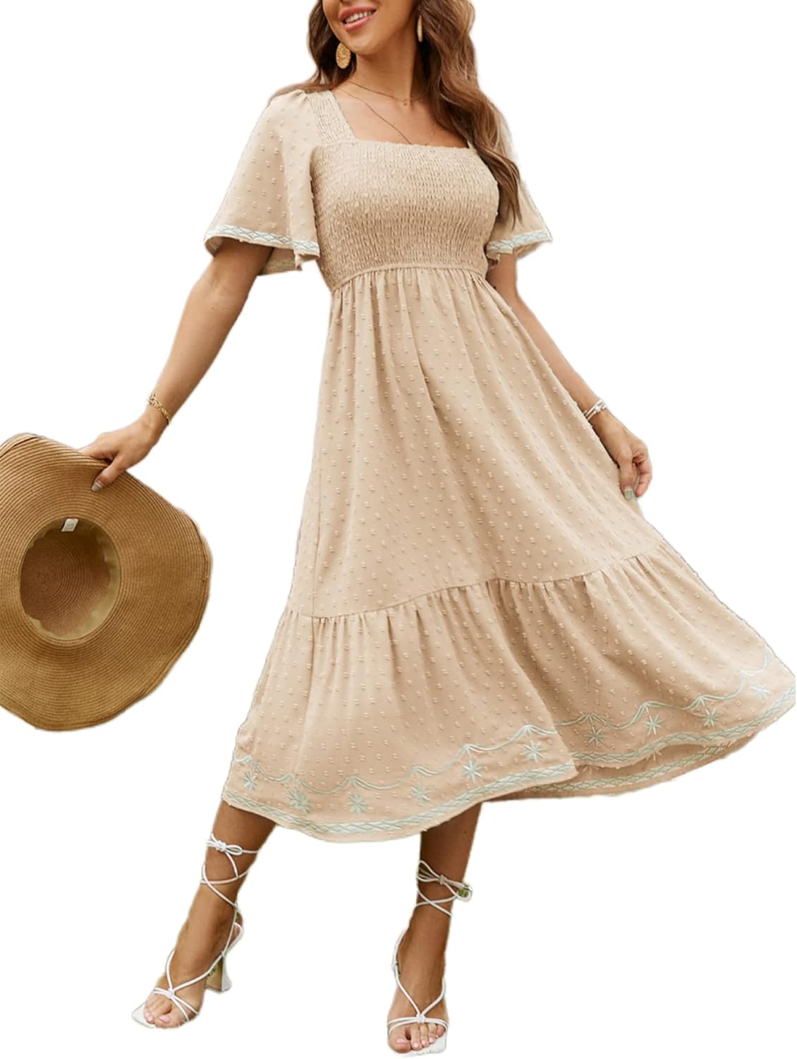 Glamaker Women's Short Sleeve Smocked Square Neck Maxi Dress