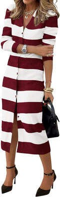 Women's Long Sleeve V Neck Ribbed Knit Midi Dress - Cozy 2025