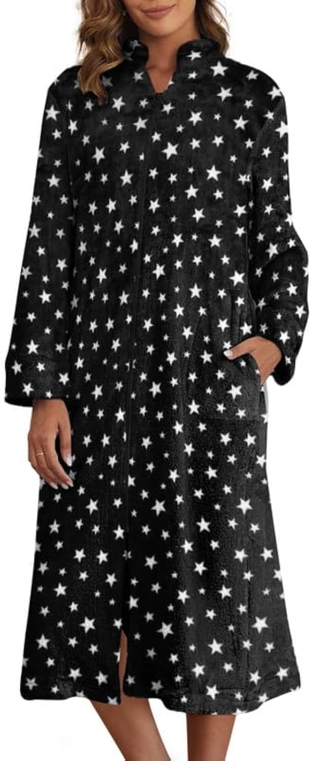 Ekouaer Women's Zip Up Robe Fleece Bathrobe for Cozy Comfort