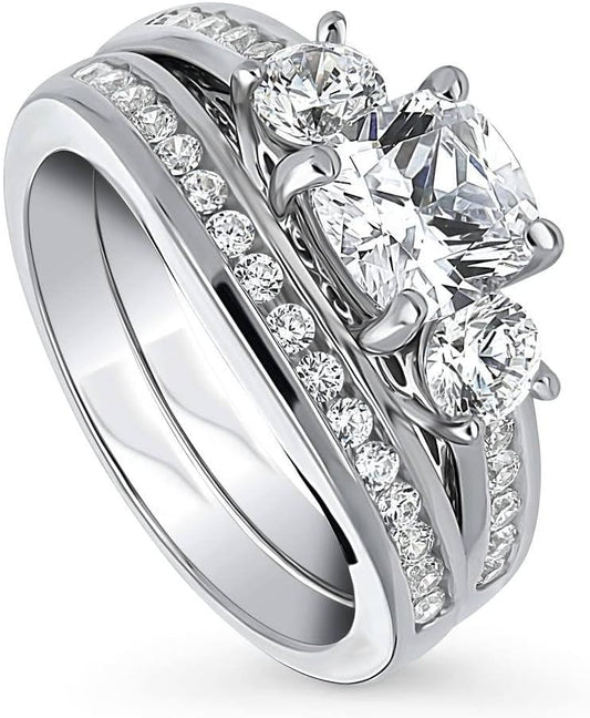 BERRICLE Sterling Silver 3-Stone Wedding Engagement Ring Set