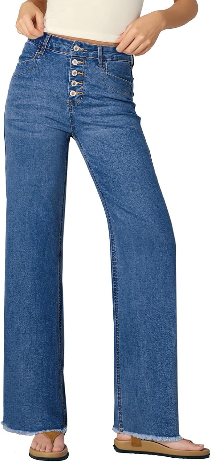 High Waisted Straight Leg Stretchy Jeans for Women with Raw Hem