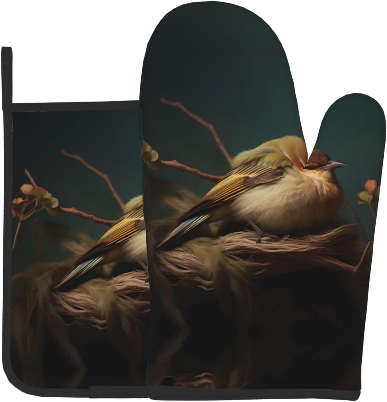 Perching Bird Pattern Heat-Insulating Gloves Set