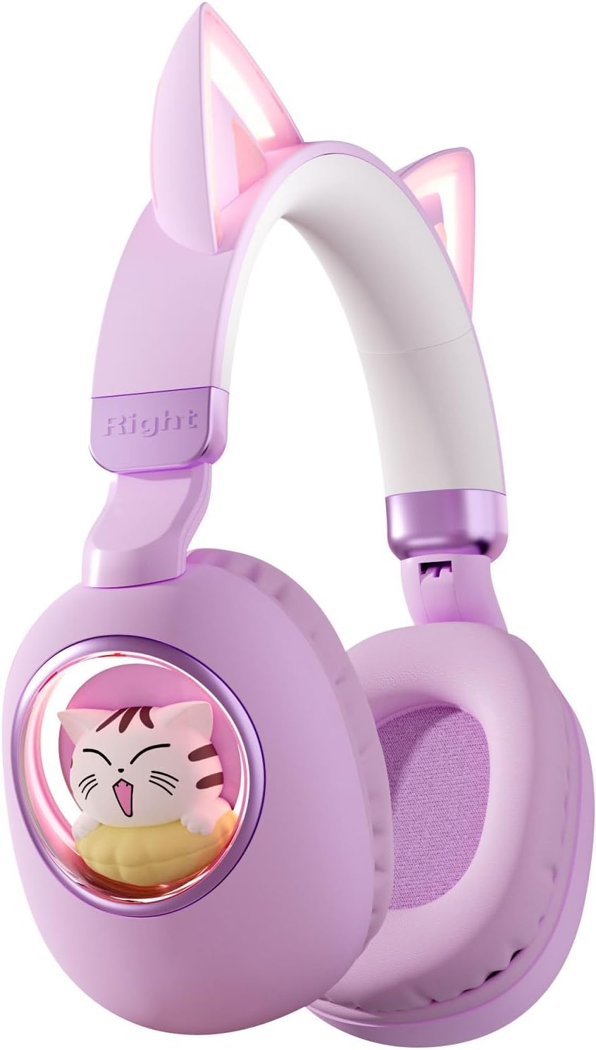 Cute Cat Ear Headphones for Kids with Color-changing LEDs