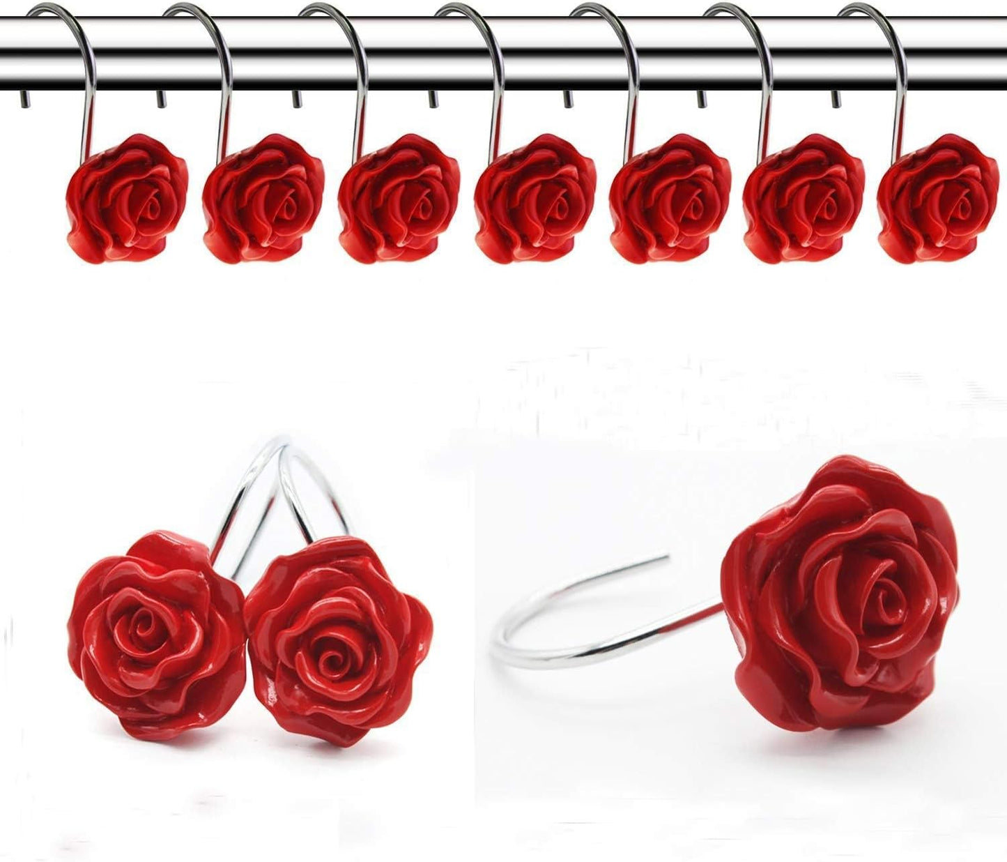 12-pc Rose Design Shower Hooks | Anti Rust | Elegant Red Finish