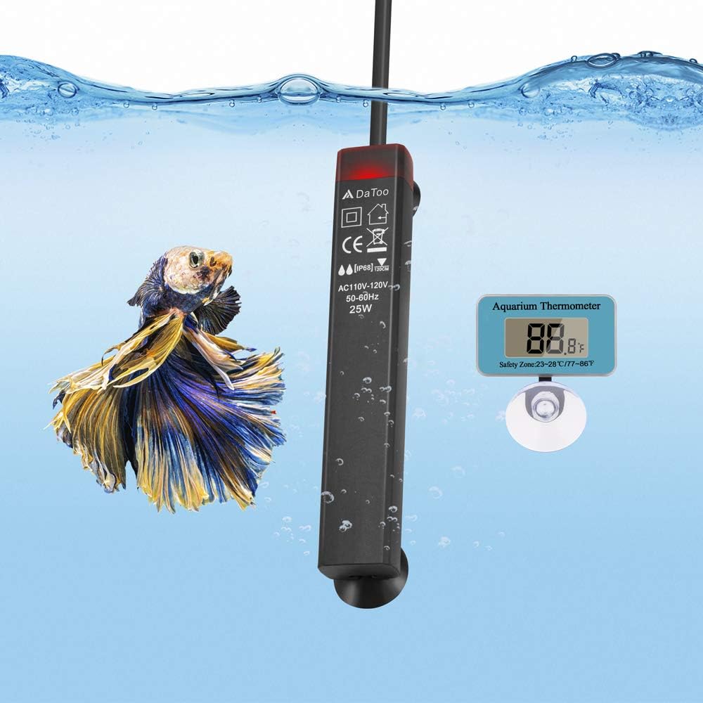 DaToo Mini Aquarium Heater | Submersible 25W 3-5 Gallon Betta Tank | 1 Yr Warranty