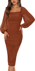 Long Puff Sleeve Ruched Midi Bodycon Dress - Flattering Fit Dresses