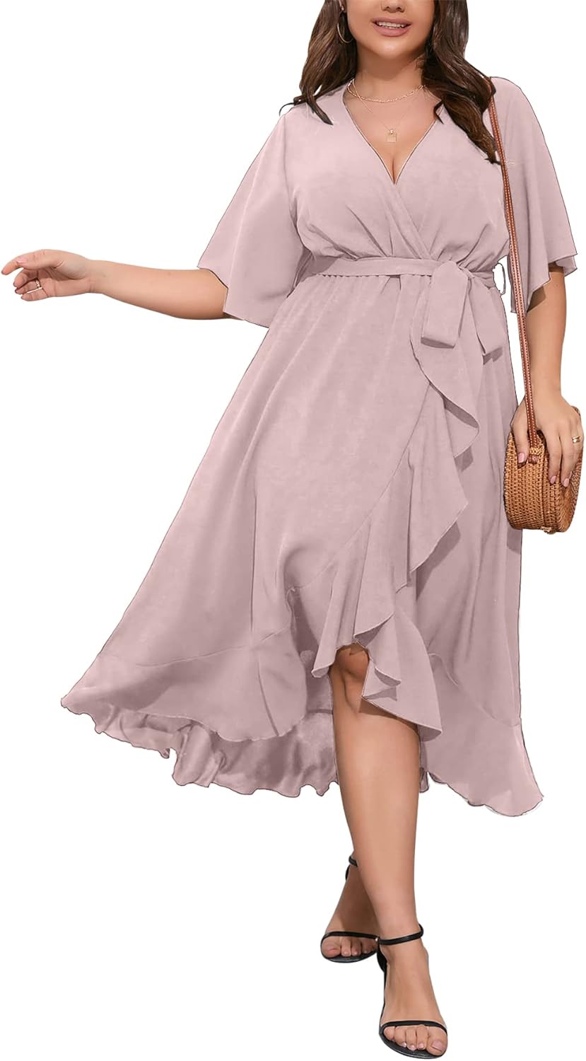 SCOMCHIC Plus Size Maxi Dress with Ruffle Hem and V Neck