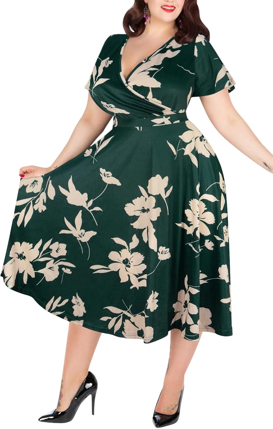 Plus Size Casual Summer V Neck Midi Dress with Pockets