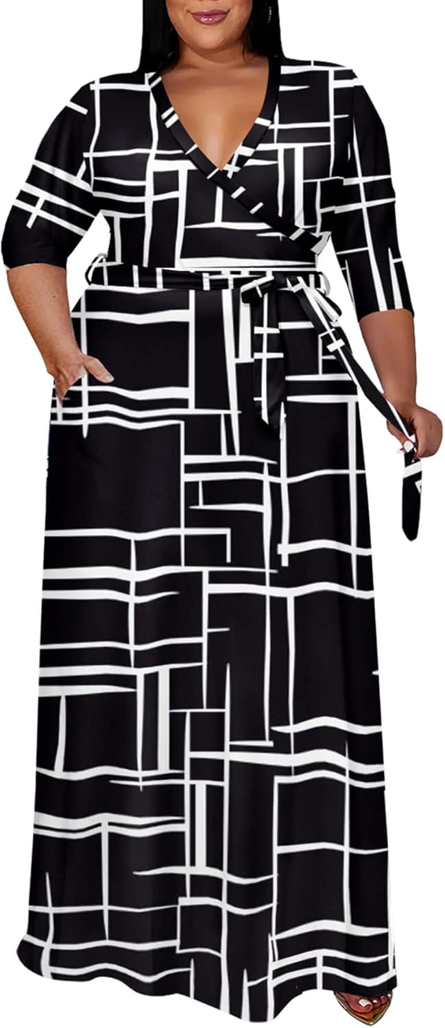 Runwind Plus Size Dress for Women - Elegant V Neck Maxi Style