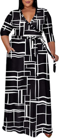 Runwind Plus Size Dress for Women - Flowy 3/4 Sleeve V Neck Maxi Dress