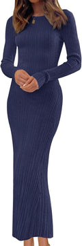 Women's Long Sleeve Ribbed Knit Maxi Sweater Dress - Slim Fall Staple