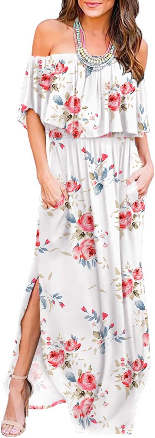 LILBETTER Womens Off The Shoulder Ruffle Maxi Dress Review
