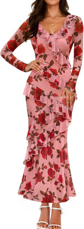 Women's Fall Floral Long Sleeve Maxi Dress - Ruffle Tiered Bodycon