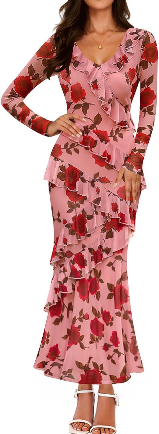ZESICA Women's Floral Long Sleeve Maxi Dress for Fall Events