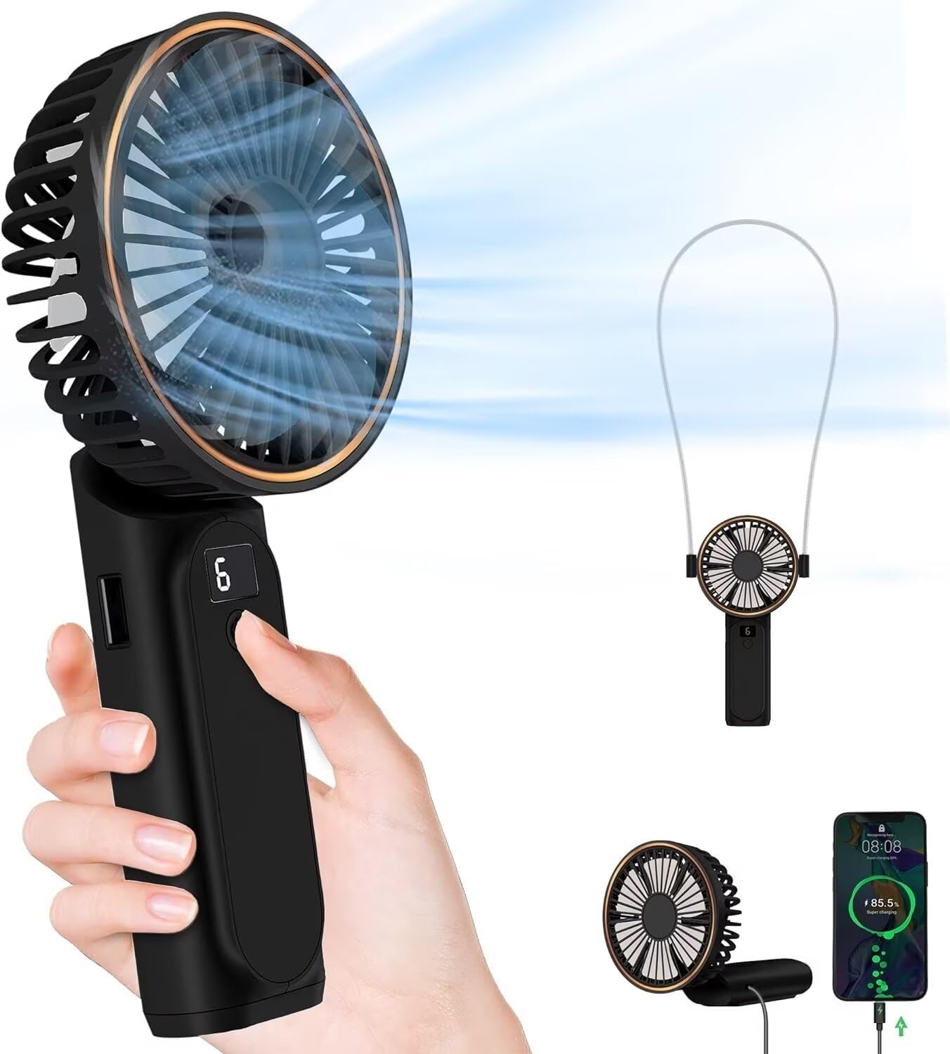 Portable Handheld Fan: Rechargeable 6 Speed Wind + Power Bank