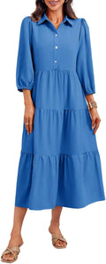 Wenrine Womens Casual 3/4 Sleeve Shirt Dress - Flowy Maxi
