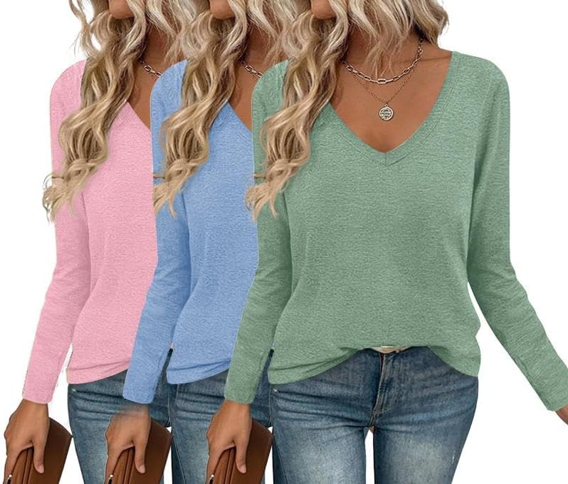 Ekouaer Long Sleeve V Neck T Shirts for Women - Casual Tops