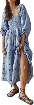Women Floral Embroidered Seersucker Maxi Dress - Flowy Boho