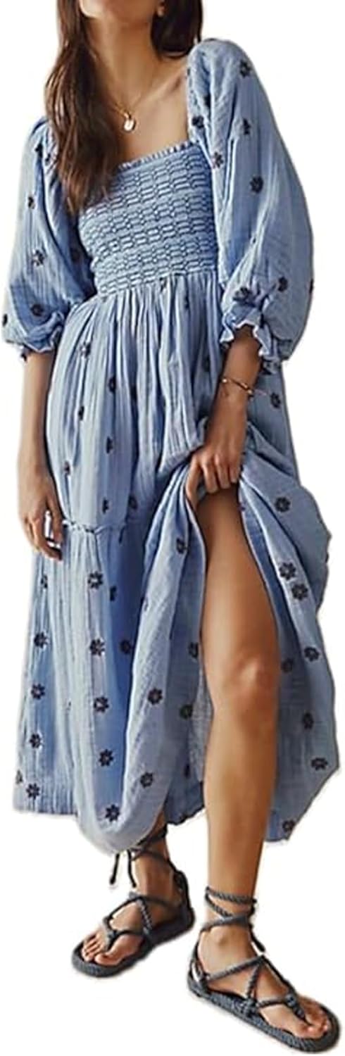 Bohemian Floral Embroidered Maxi Dress with Pockets for Women 60ft