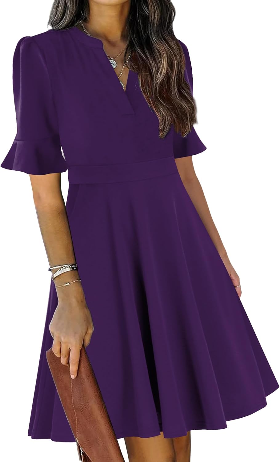 Mokayee Womens Summer V Neck Ruffle Short Sleeve Dress