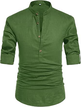 NITAGUT Men Henley Neck Long Sleeve Linen Shirts for Casual Wear
