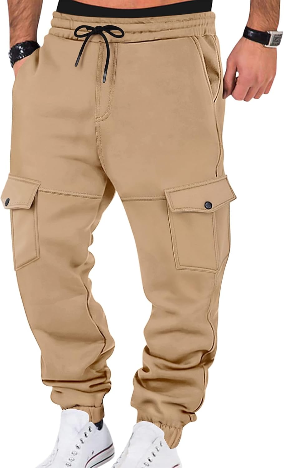 Mens Fleece Cargo Sweatpants Heavyweight Elastic Waist Pants