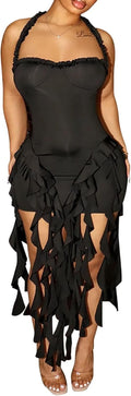 Womens Halter Neck Tassel Ruffle Bodycon Mini Dress - Sexy Night Out