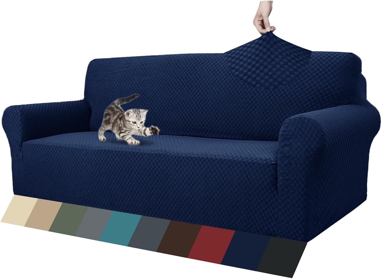 High Stretch Jacquard Couch Covers for 3 Cushion Sofa Navy Blue