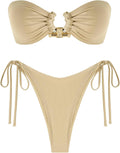 Women Metallic Sparkly Glitter Bandeau Bikini Set - High Cut Tie Side