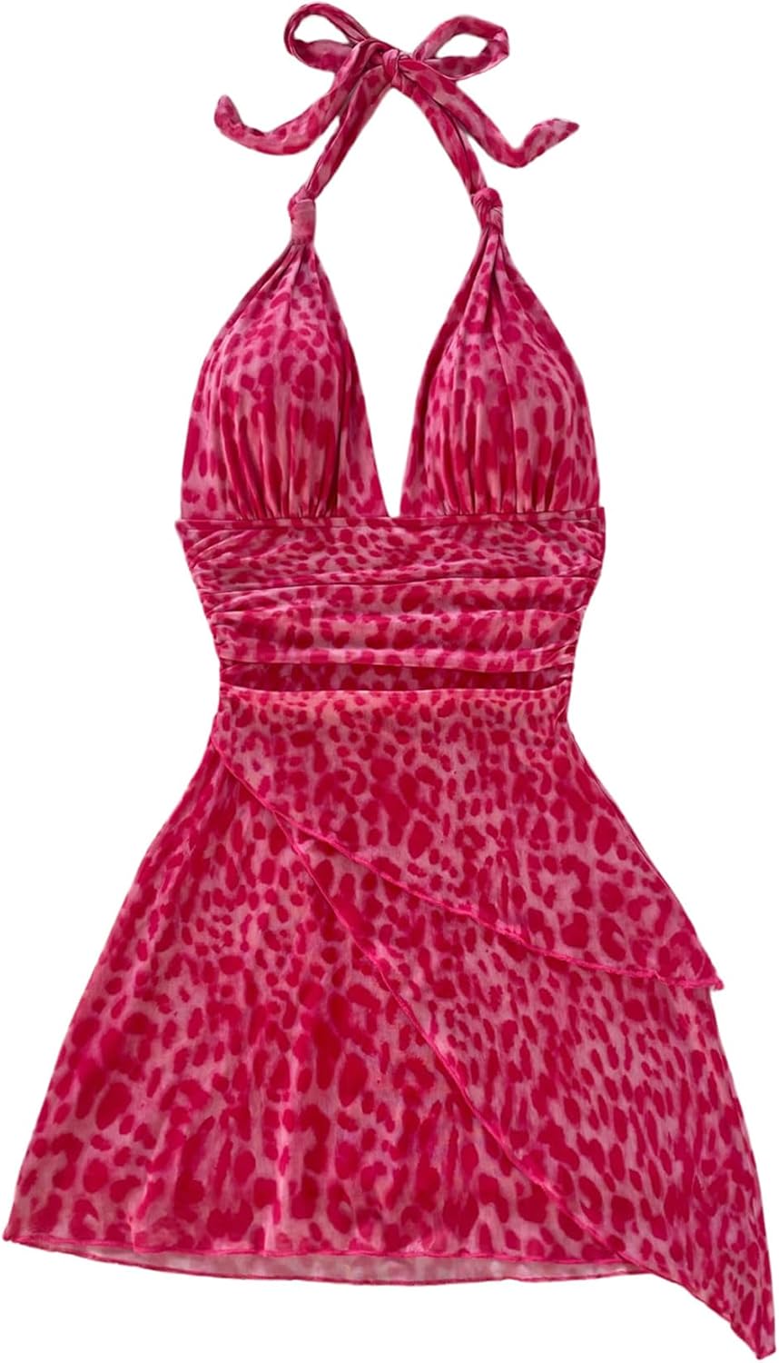 SOLY HUX Women's Sexy Tie Dye Print Halter Mini Dress