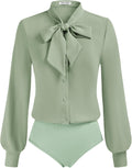 Kate Kasin Women Bow Tie Neck Bodysuit Blouse - Polished Office Fit