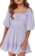 Girls Summer Tie-Back Square Neck Lantern Sleeve Mini Dress