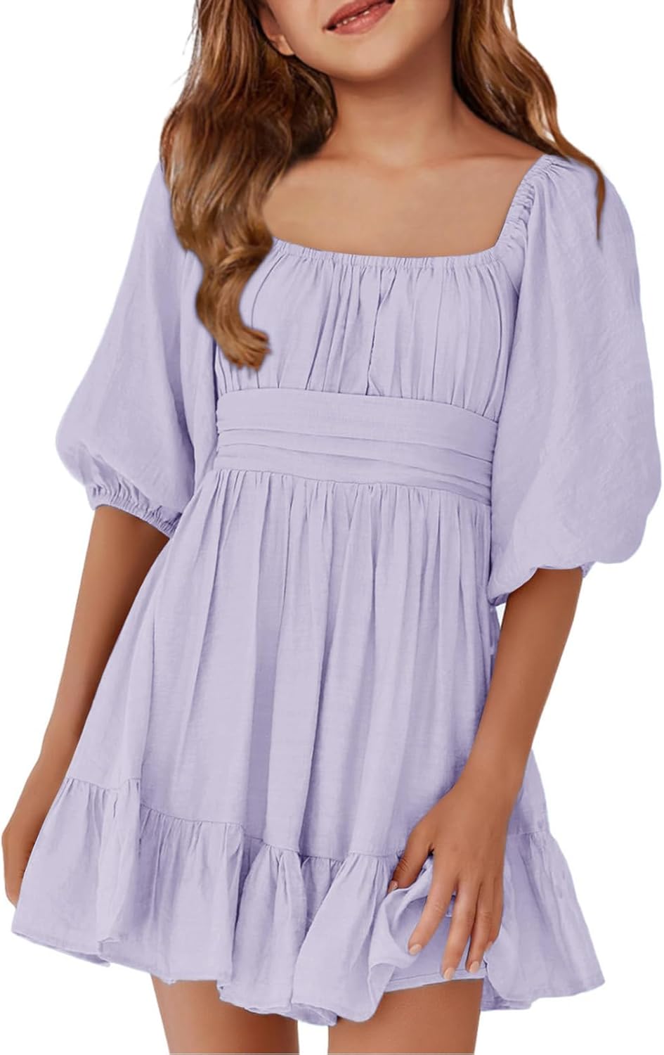 Girls Summer Dresses Square Neck Lantern Sleeve Tie Backless Ruffle
