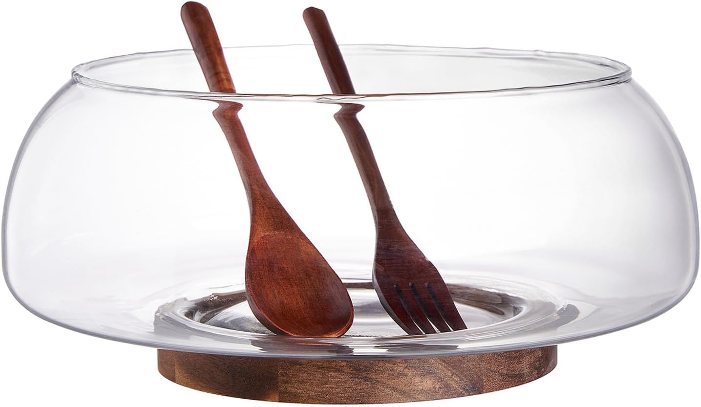 LiTY Large Glass Salad Bowl Set with Acacia Wood Base for Parties