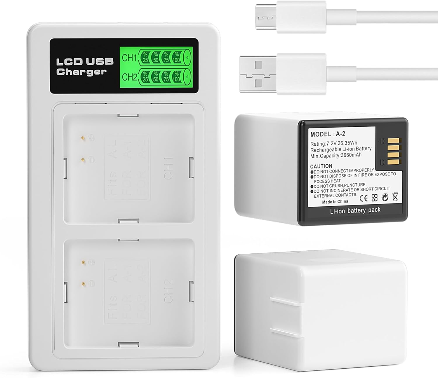 2-Pack Rechargeable A-2 Batteries with LCD Charging Station