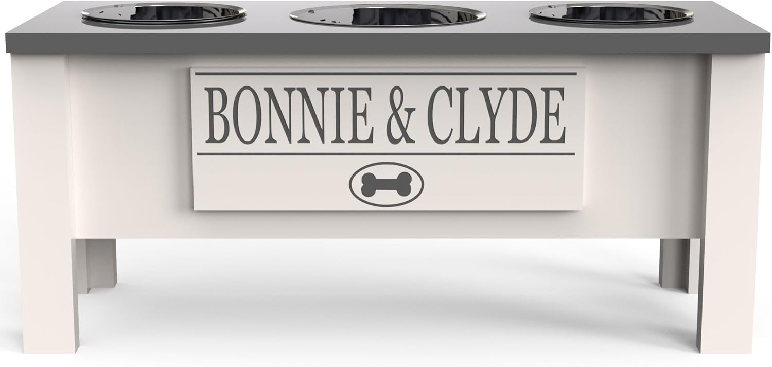 Elevated Triple Dog Bowl Stand with Storage for All Dog Sizes