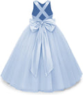 Crossed Straps Flower Girl Tulle Dress Light Blue - Puffy Satin Bow
