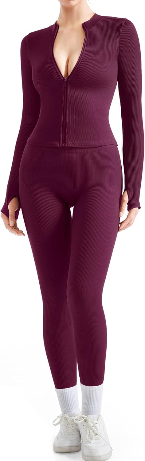 SUUKSESS Women 2 Piece Seamless Ribbed Workout Sets for Fitness