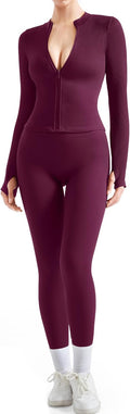 Women 2 Piece Seamless Ribbed Workout Set with Zip Jacket - Flattering
