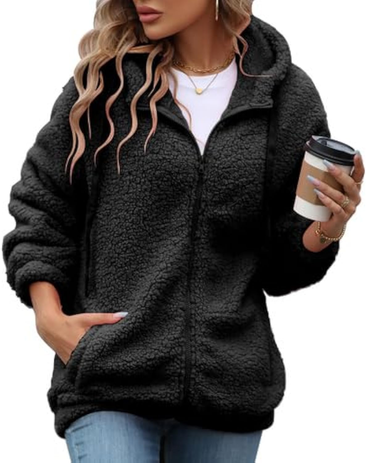 Womens Fleece Jacket Full Zip Sherpa Coat with Hood S-5XL