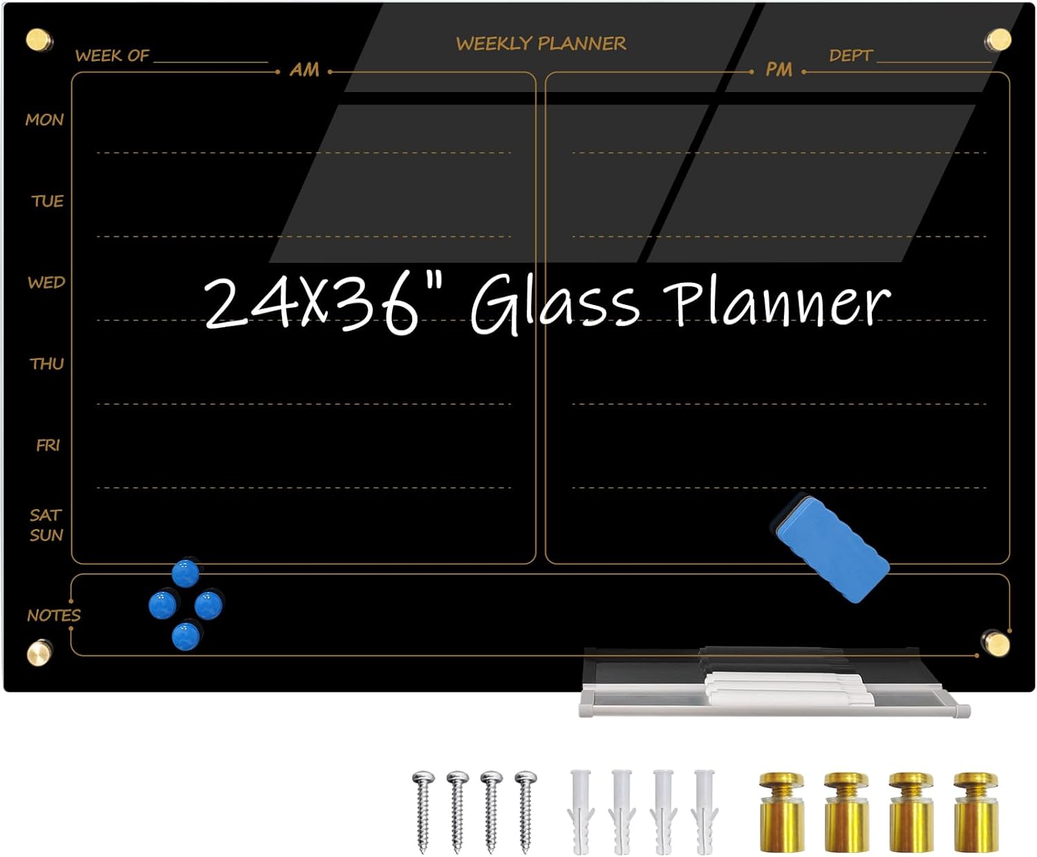 Magnetic Planner Black Glass Board 24inX36in for Weekly Use