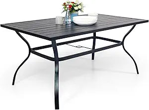 Patio Dining Table Steel Rectangular Table with Umbrella Hole