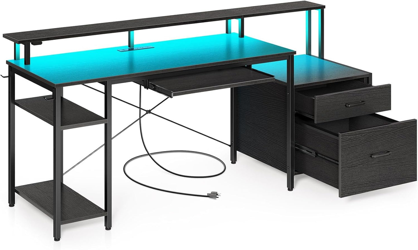 Rolanstar 59 Gaming Desk: LED Lights, Power Outlets, File Drawer