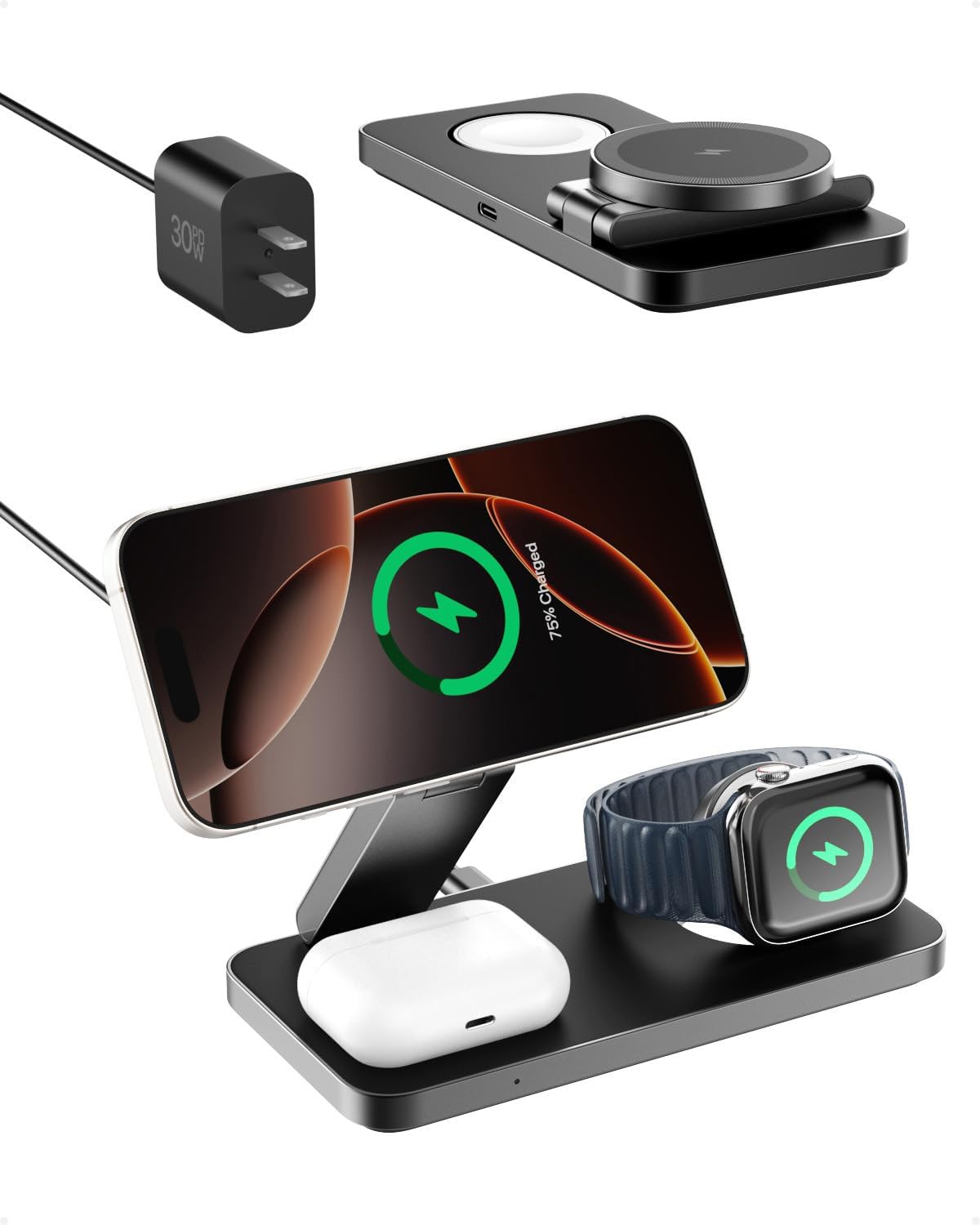 Fast Charge iPhone, Apple Watch & AirPods - Caxdon Wireless 3-in-1 Station