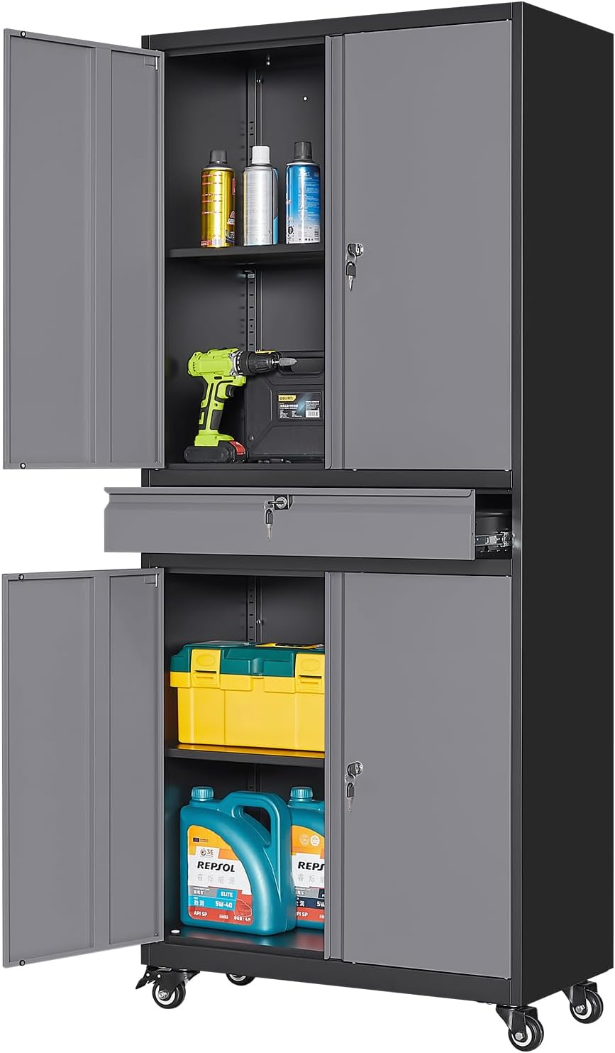 Yizosh Metal Garage Storage Cabinet with Locking Doors and Wheels