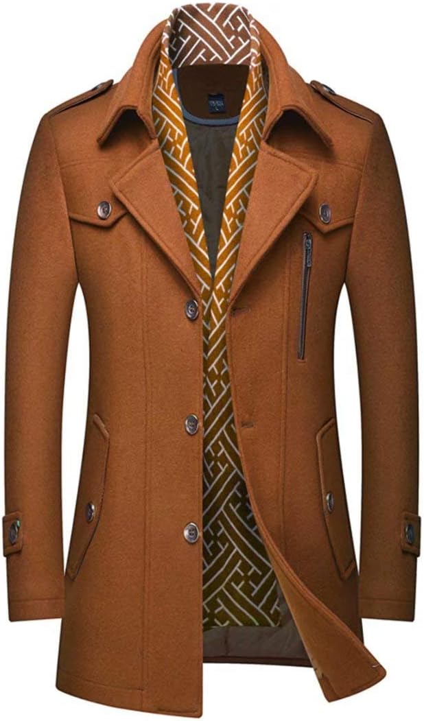 INVACHI Men's Wool Blend Coat with Detachable Scarf for Winter