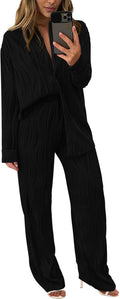 Women's 2 Piece Fall Set - Textured Button Down and Wide Leg Pants