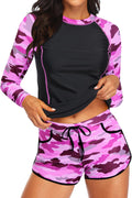 Women's Long Sleeves Rash Guard Two Piece Swim Set - Black Pink Camo
