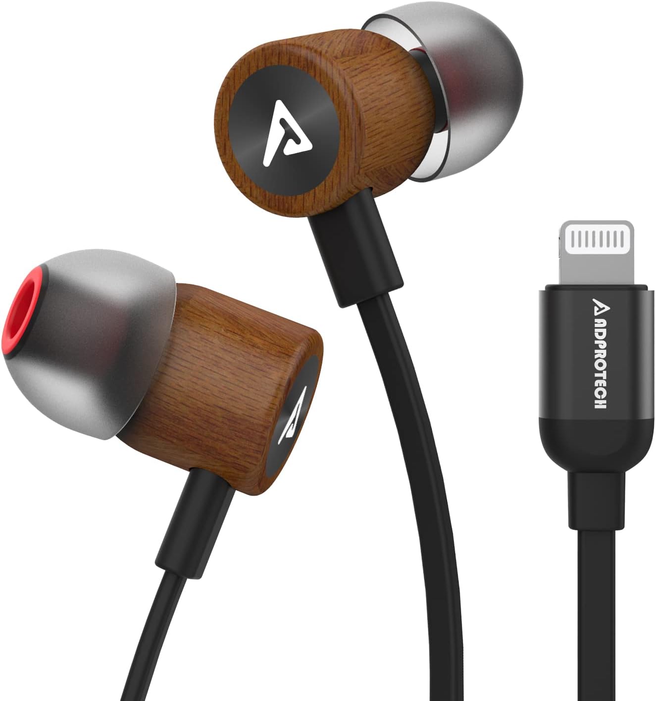 ADPROTECH Wood Lightning Earbuds - MFi Certified for iPhone - Mic & Volume Ctrl